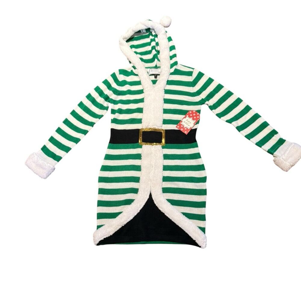 With Love Derek Women’s Large Green Striped Christmas Elf Sweater Dress NWT